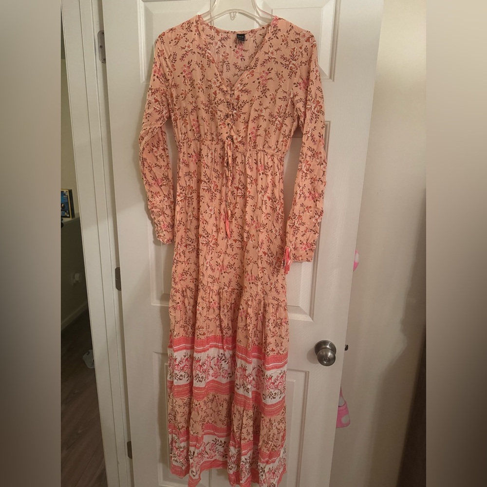 Peach Floral Long Sleeve Maxi Dress